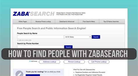 Zaba search - Popular people finder sites like White Pages, Pipl, ZabaSearch, AnyWho, PeekYou and ThatsThem provide contact information on people when you search for a person by name. However, the street addresses and phone numbers that you find on these sites can be outdated. ZabaSearch. Location. The original ZabaSearch.